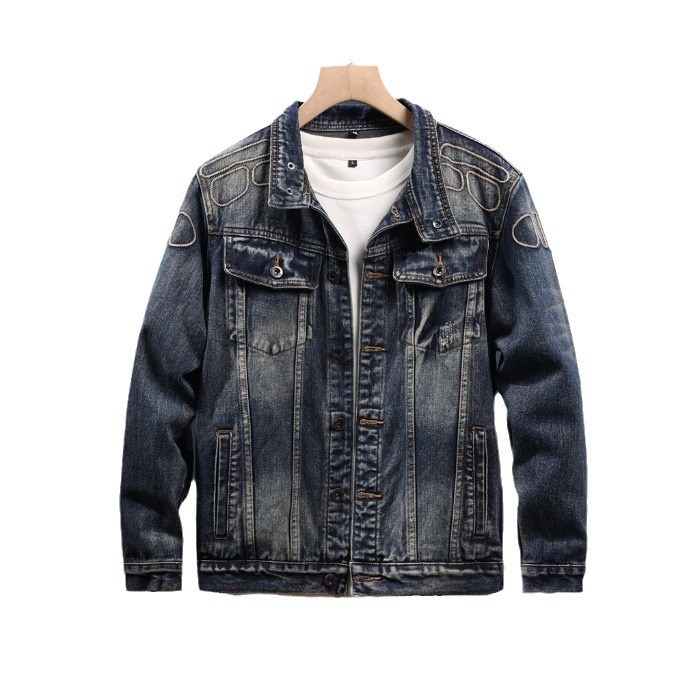 Férfi denim dzseki galléros, laza fazon, utcai stílusú, hímzett részletekkel