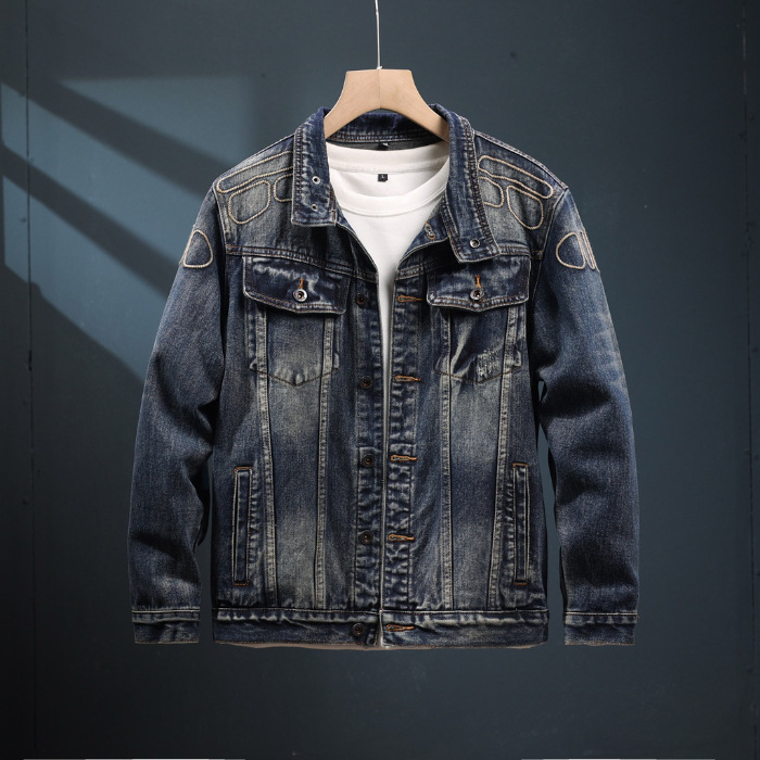 Férfi denim dzseki galléros, laza fazon, utcai stílusú, hímzett részletekkel