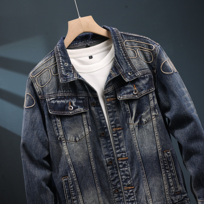 Férfi denim dzseki galléros, laza fazon, utcai stílusú, hímzett részletekkel