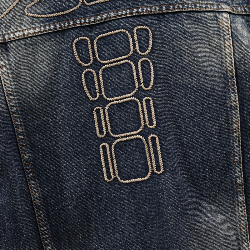 Férfi denim dzseki galléros, laza fazon, utcai stílusú, hímzett részletekkel