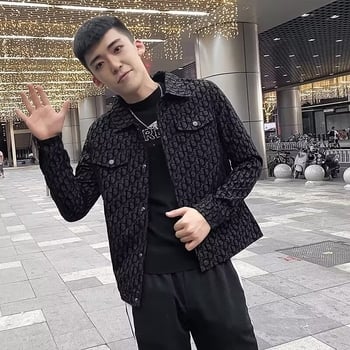 Trendis férfi denim dzseki tavaszra és őszre, szabványos szabás, hosszú ujjú, gallérral