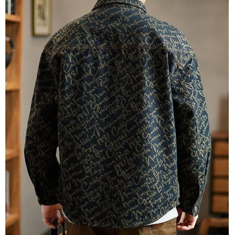 Muška džins košulja velikih veličina, jacquard uzorak, vintage pranje, ovratnik s reverom, svakodnevna odjeća