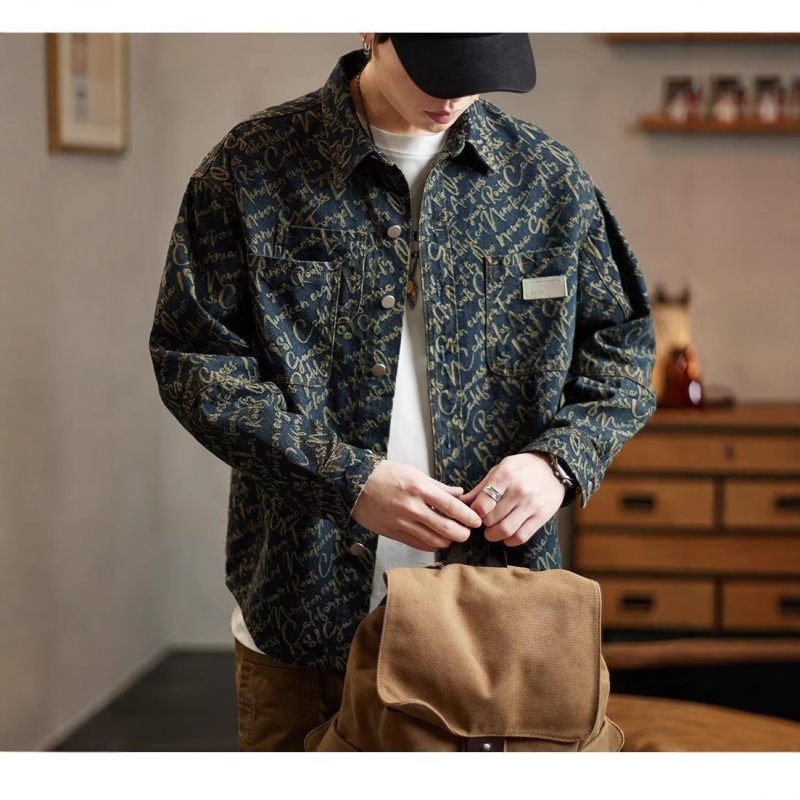 Muška džins košulja velikih veličina, jacquard uzorak, vintage pranje, ovratnik s reverom, svakodnevna odjeća