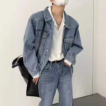 Férfi denim dzseki galléros, hosszú ujjú, hétköznapi retro stílus