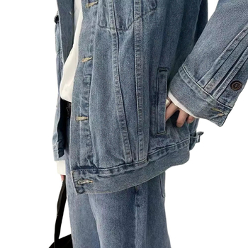 Férfi denim dzseki galléros, hosszú ujjú, hétköznapi retro stílus