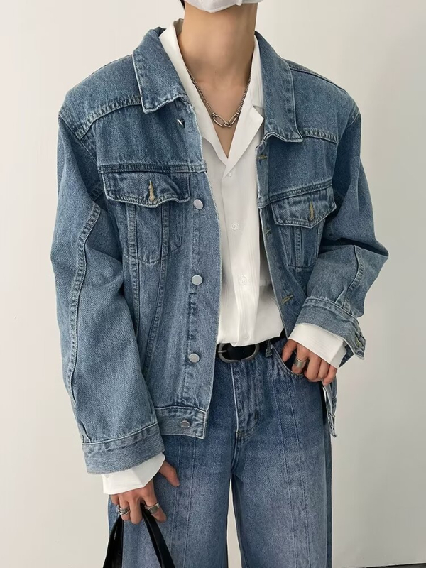 Férfi denim dzseki galléros, hosszú ujjú, hétköznapi retro stílus
