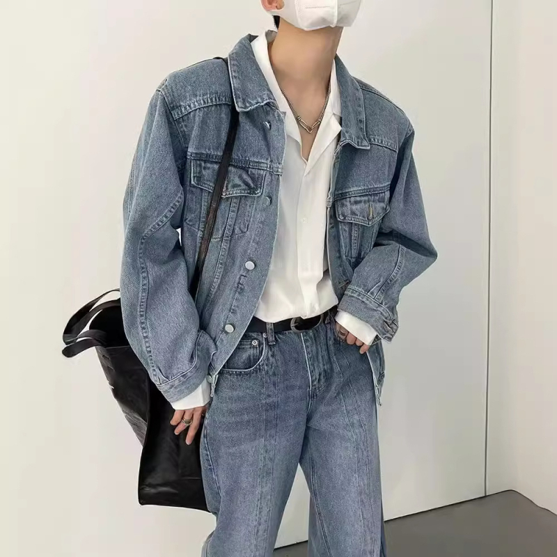 Férfi denim dzseki galléros, hosszú ujjú, hétköznapi retro stílus