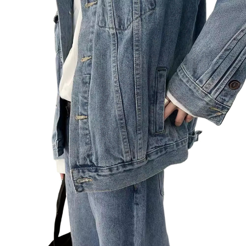 Férfi denim dzseki galléros, hosszú ujjú, hétköznapi retro stílus
