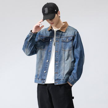 Férfi denim dzseki retro színblokkokkal, amerikai stílus, tavasz–ősz mindennapi divat