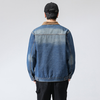 Férfi denim dzseki retro színblokkokkal, amerikai stílus, tavasz–ősz mindennapi divat