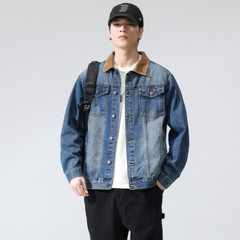 Férfi denim dzseki retro színblokkokkal, amerikai stílus, tavasz–ősz mindennapi divat
