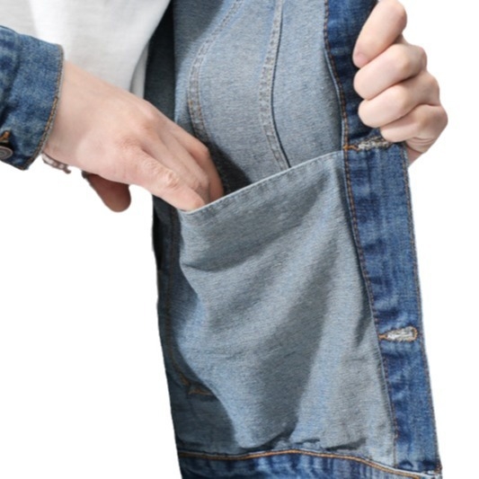 Férfi denim dzseki retro színblokkokkal, amerikai stílus, tavasz–ősz mindennapi divat