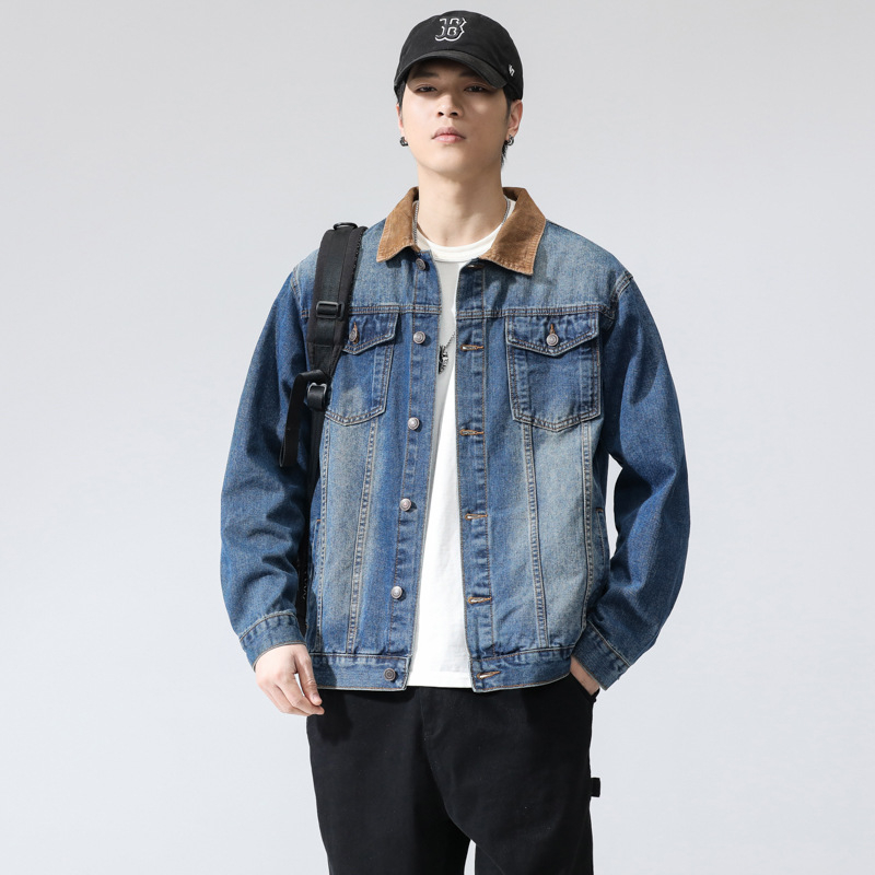 Férfi denim dzseki retro színblokkokkal, amerikai stílus, tavasz–ősz mindennapi divat