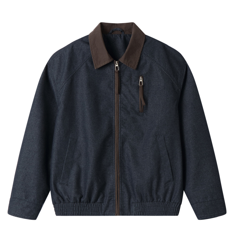 Retro kék denim patchwork galléros dzseki férfiaknak, 2026-os modell, lazább szabás, Detroit-stílus
