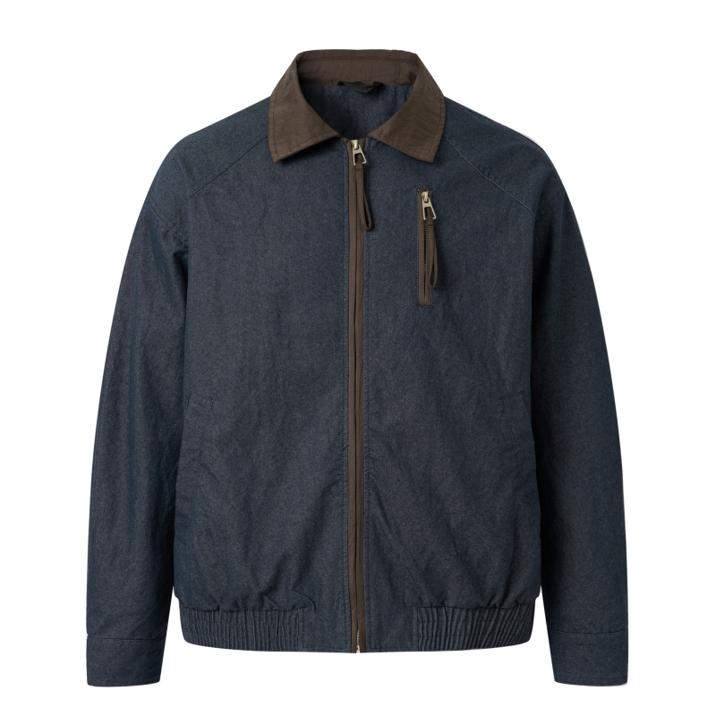 Retro kék denim patchwork galléros dzseki férfiaknak, 2026-os modell, lazább szabás, Detroit-stílus