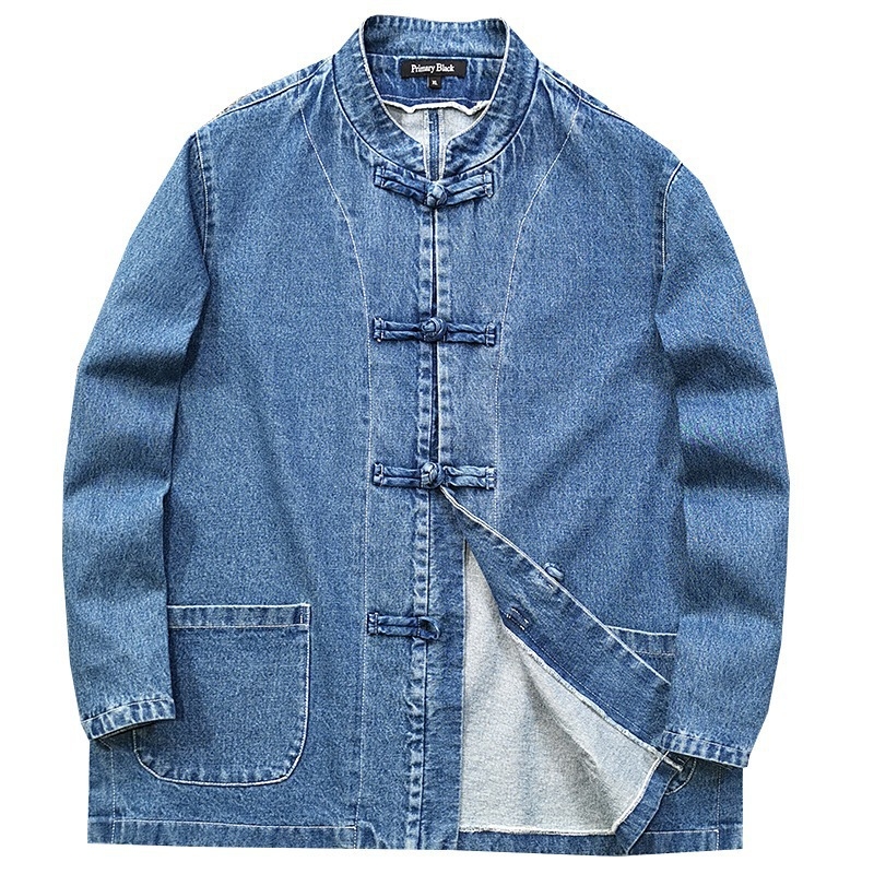 Denim dzseki hagyományos kínai csomókkal, álló gallér, egy sor gombbal, kapucni nélkül, egyszínű, férfi mindennapi külső ruházat, őszi 2024