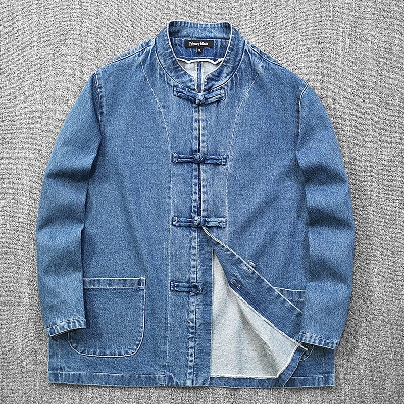 Denim dzseki hagyományos kínai csomókkal, álló gallér, egy sor gombbal, kapucni nélkül, egyszínű, férfi mindennapi külső ruházat, őszi 2024