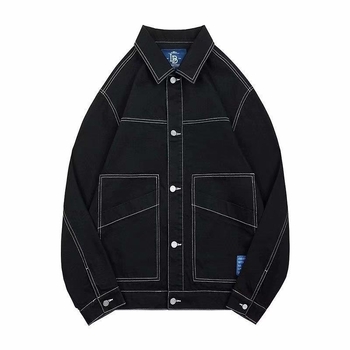 Fekete férfi denim kabát, laza szabású, koreai stílusú, mindennapi munkaruházat téli szezonra