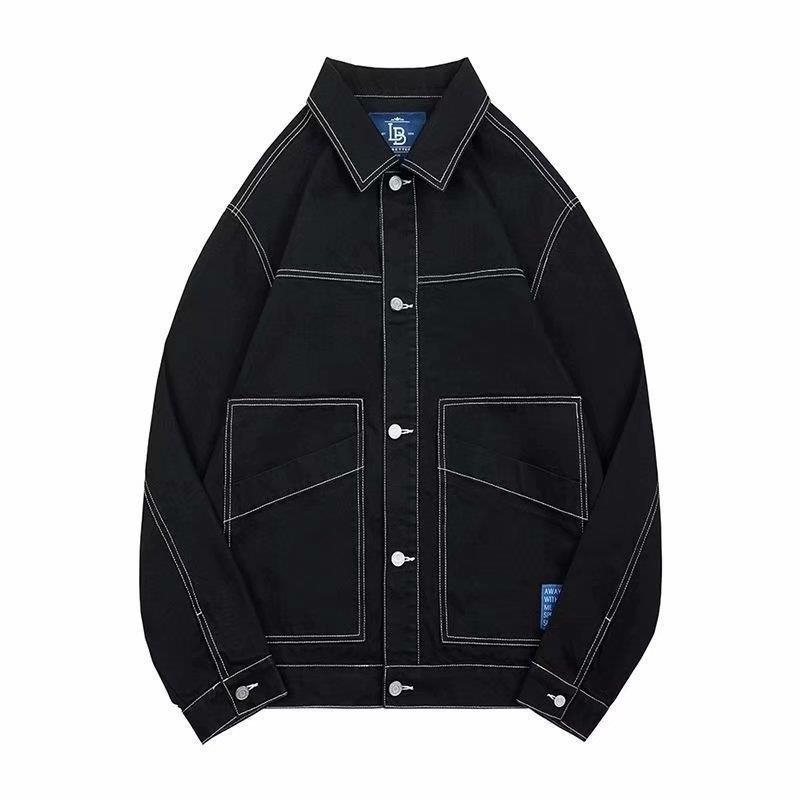 Fekete férfi denim kabát, laza szabású, koreai stílusú, mindennapi munkaruházat téli szezonra