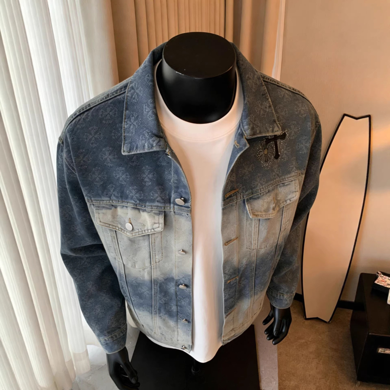 Amerikai retro jacquard keresztmotívumos denim dzseki gradációs részletekkel, kiváló kivitelezés, férfi utcai stílusú dzseki