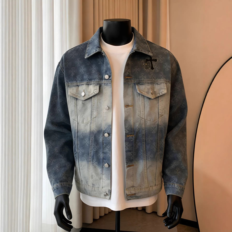Amerikai retro jacquard keresztmotívumos denim dzseki gradációs részletekkel, kiváló kivitelezés, férfi utcai stílusú dzseki