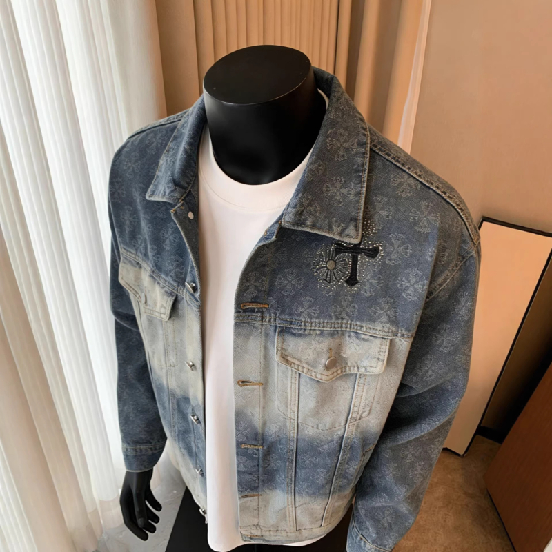 Amerikai retro jacquard keresztmotívumos denim dzseki gradációs részletekkel, kiváló kivitelezés, férfi utcai stílusú dzseki
