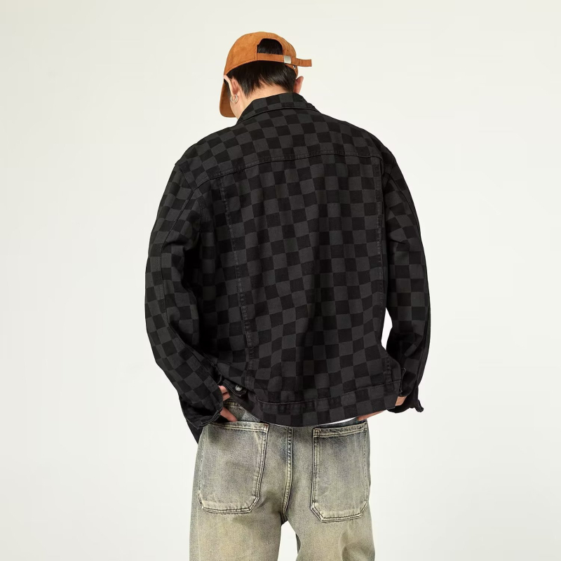 Férfiak számára készült amerikai retro denim dzseki kockás mintával, lazán szabott, 2024 tavasz–ősz