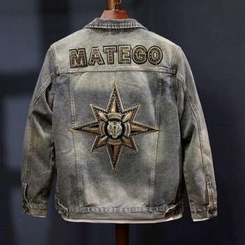 Muška traper jakna s izšivkom zvjezdastog motiva, motociklistički vintage stil, slim fit, jesen 2024