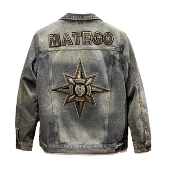 Muška traper jakna s izšivkom zvjezdastog motiva, motociklistički vintage stil, slim fit, jesen 2024
