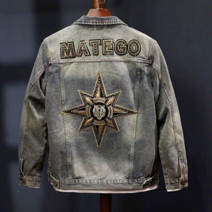 Muška traper jakna s izšivkom zvjezdastog motiva, motociklistički vintage stil, slim fit, jesen 2024