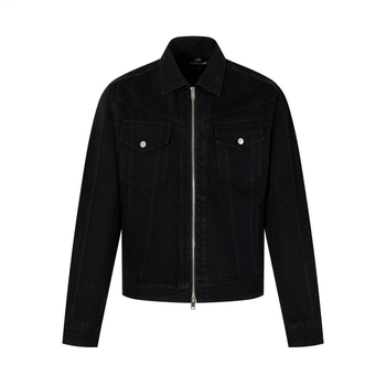 Férfi denimdzseki dekonstruált panel dizájnnal, kétirányú cipzár, galléros reverrel, streetwear/workwear stílus