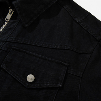 Férfi denimdzseki dekonstruált panel dizájnnal, kétirányú cipzár, galléros reverrel, streetwear/workwear stílus
