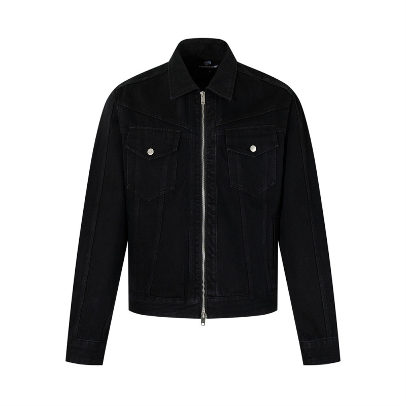 Férfi denimdzseki dekonstruált panel dizájnnal, kétirányú cipzár, galléros reverrel, streetwear/workwear stílus