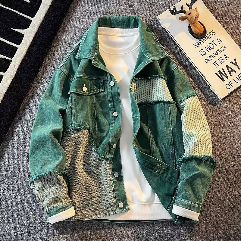 Férfi denim kabát tavasz–őszre, magas minőségű divat, laza szabás, amerikai stílus patchwork panelekkel