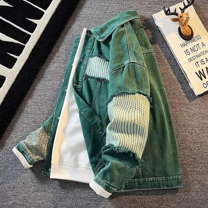 Férfi denim kabát tavasz–őszre, magas minőségű divat, laza szabás, amerikai stílus patchwork panelekkel