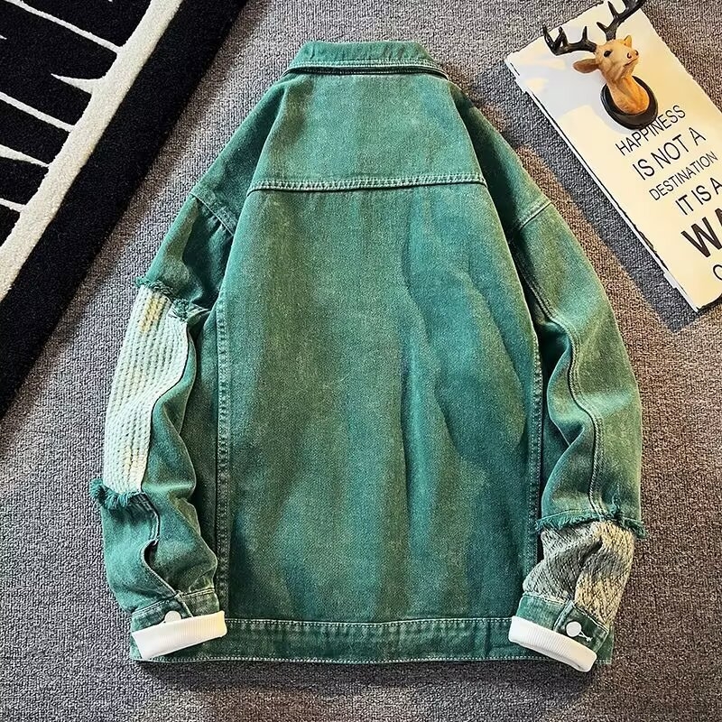 Férfi denim kabát tavasz–őszre, magas minőségű divat, laza szabás, amerikai stílus patchwork panelekkel