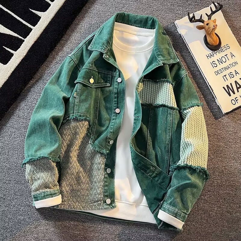 Férfi denim kabát tavasz–őszre, magas minőségű divat, laza szabás, amerikai stílus patchwork panelekkel