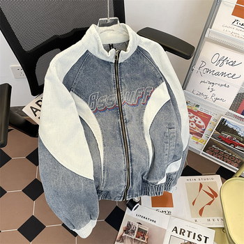 Τζάκετ denim με χιπ-χοπ vintage για άνδρες, με κουκούλα, στάσιμος γιακάς, σχέδιο color-block, άνετη γραμμή