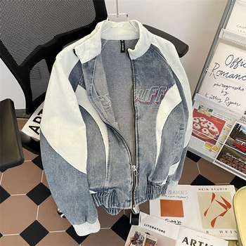 Τζάκετ denim με χιπ-χοπ vintage για άνδρες, με κουκούλα, στάσιμος γιακάς, σχέδιο color-block, άνετη γραμμή