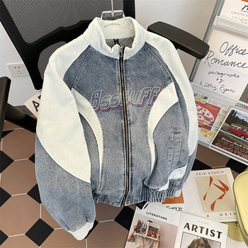 Τζάκετ denim με χιπ-χοπ vintage για άνδρες, με κουκούλα, στάσιμος γιακάς, σχέδιο color-block, άνετη γραμμή