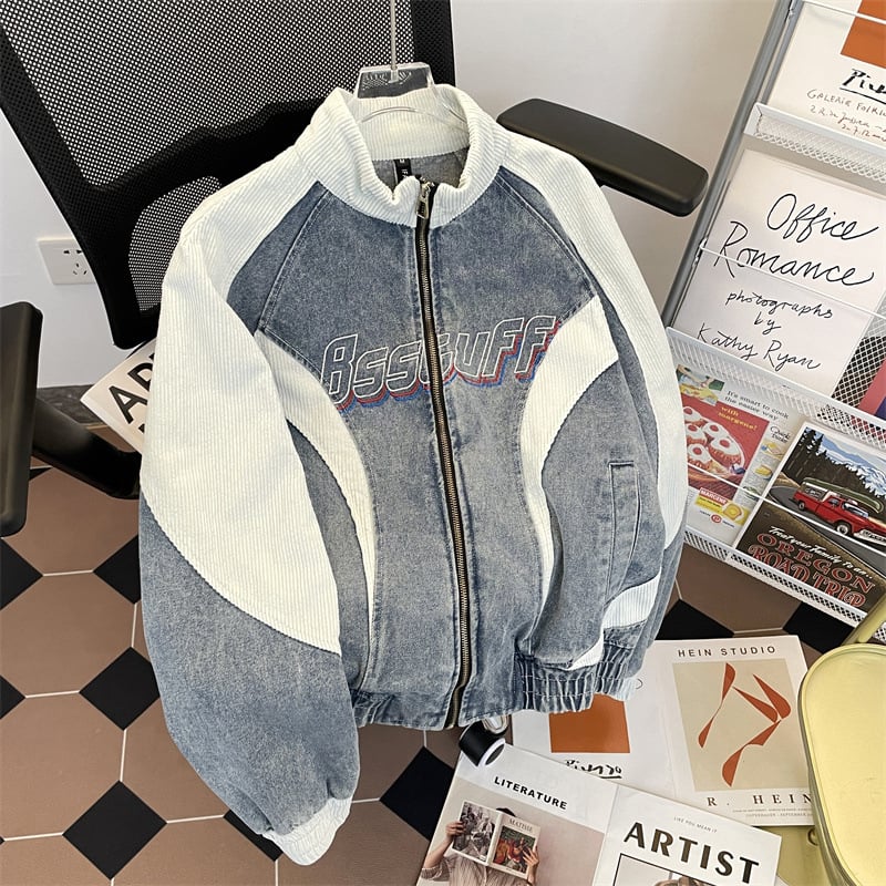 Τζάκετ denim με χιπ-χοπ vintage για άνδρες, με κουκούλα, στάσιμος γιακάς, σχέδιο color-block, άνετη γραμμή