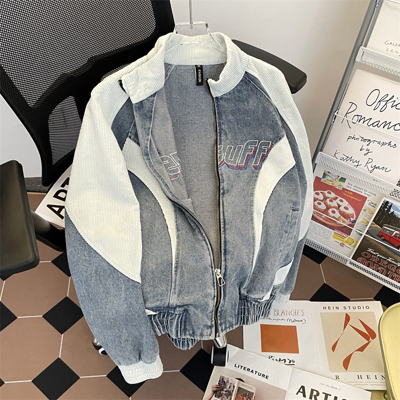 Τζάκετ denim με χιπ-χοπ vintage για άνδρες, με κουκούλα, στάσιμος γιακάς, σχέδιο color-block, άνετη γραμμή