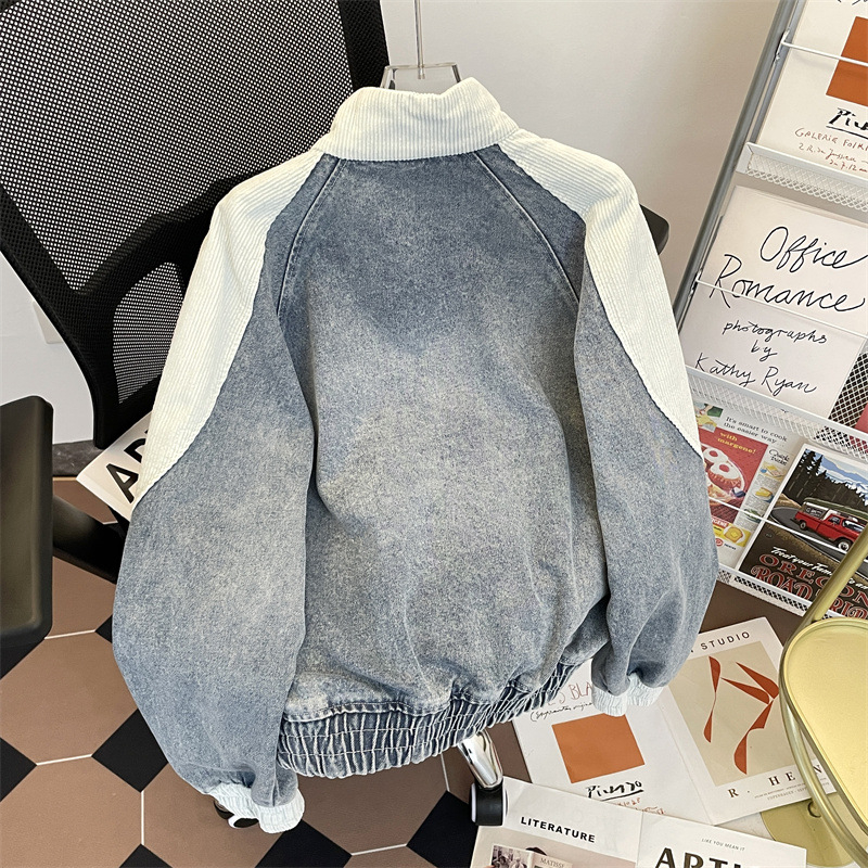 Τζάκετ denim με χιπ-χοπ vintage για άνδρες, με κουκούλα, στάσιμος γιακάς, σχέδιο color-block, άνετη γραμμή