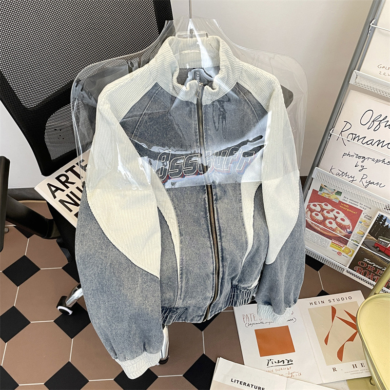 Τζάκετ denim με χιπ-χοπ vintage για άνδρες, με κουκούλα, στάσιμος γιακάς, σχέδιο color-block, άνετη γραμμή