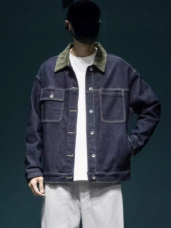 Férfi sötétkék denim dzseki retro amerikai stílusban, 2025 ősz, laza szabás, mindennapi munkaruha