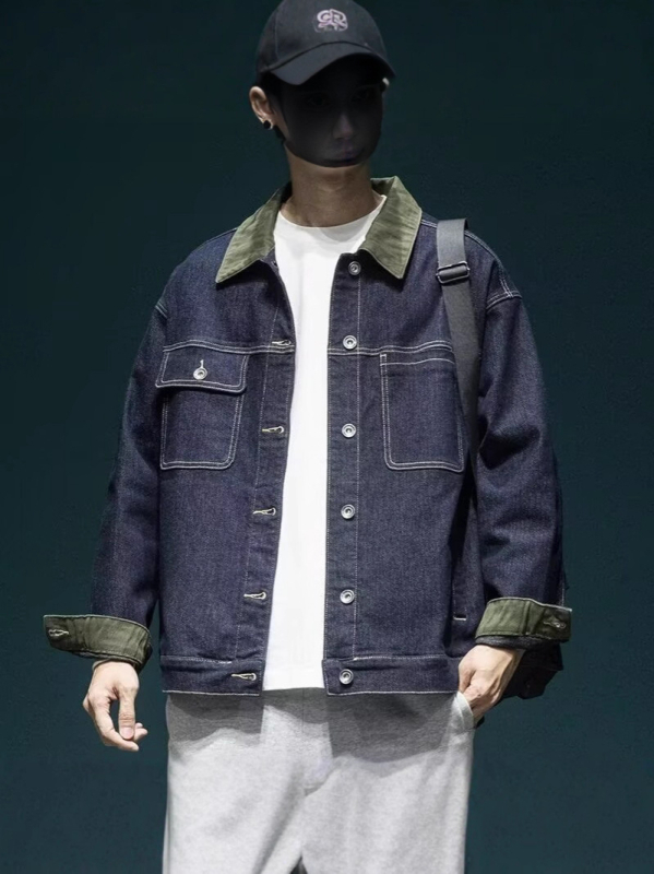 Férfi sötétkék denim dzseki retro amerikai stílusban, 2025 ősz, laza szabás, mindennapi munkaruha