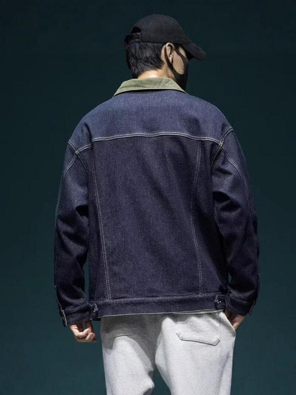 Férfi sötétkék denim dzseki retro amerikai stílusban, 2025 ősz, laza szabás, mindennapi munkaruha