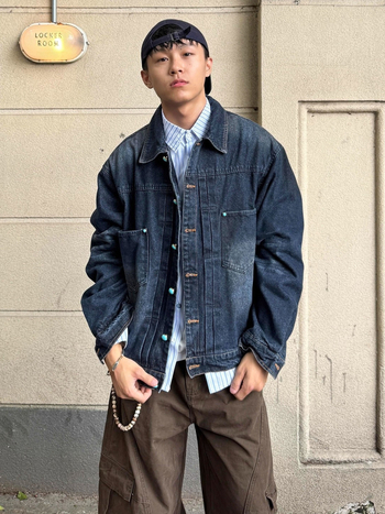 Washed vintage denim dzseki férfiaknak, tavasz–ősz, kreatív, menő retro külsőruha, prémium érzet