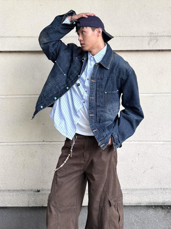 Washed vintage denim dzseki férfiaknak, tavasz–ősz, kreatív, menő retro külsőruha, prémium érzet