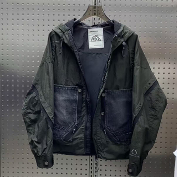 2026 tavasz férfi kapucnis munkaruha dzseki, amerikai utcai stílus, denim windbreaker